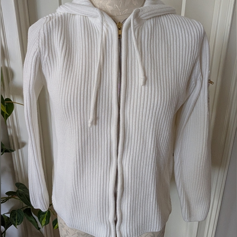 White Ribbed Zip-Up Hoodie